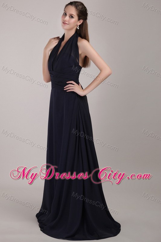 Halter Top Brush Train Ruched Chiffon Prom Dress