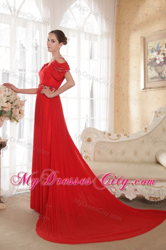 Red Empire V-neck Chiffon Beading Prom Dress with Train