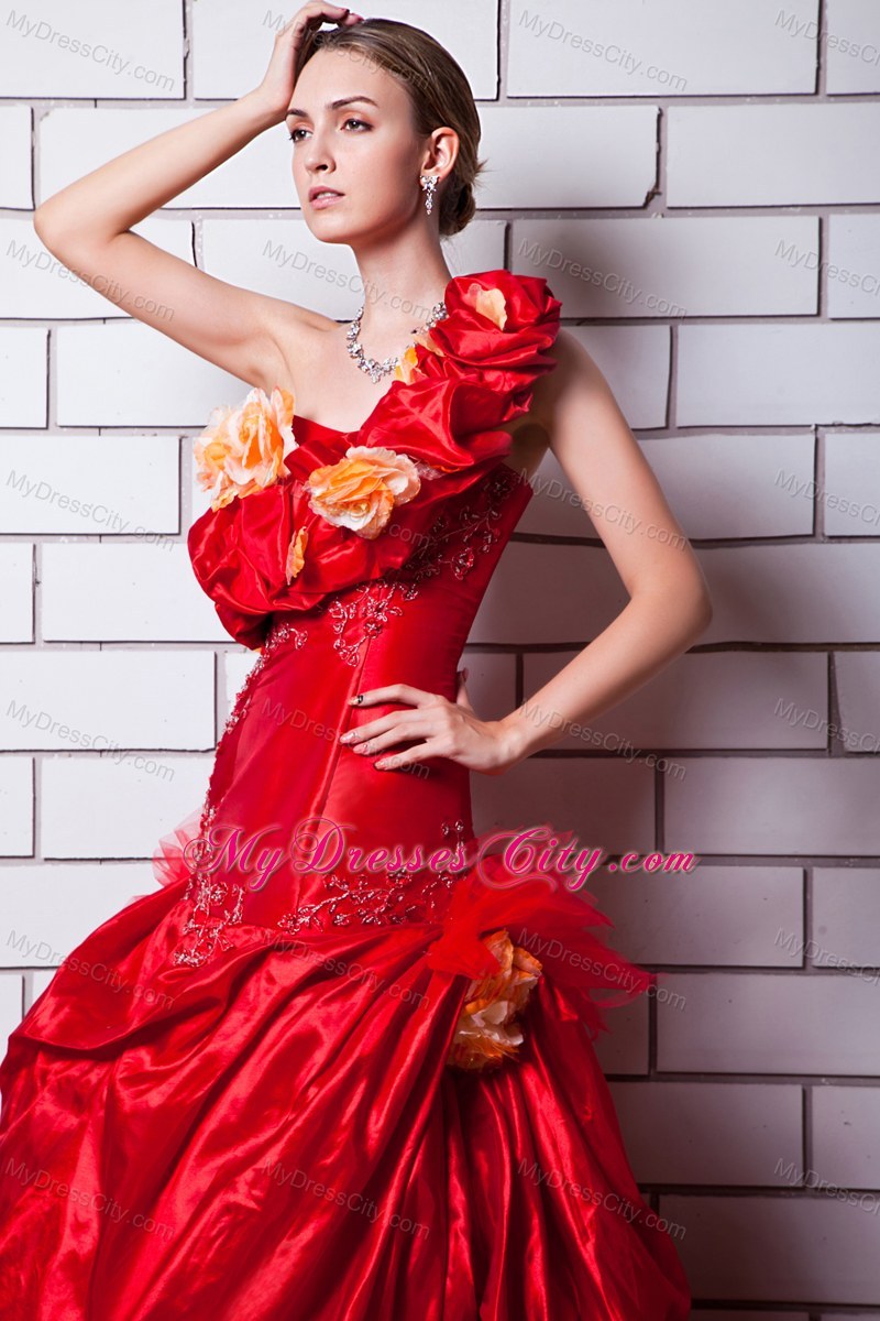 Red One Shoulder Appliques Flower Prom Dress with Train