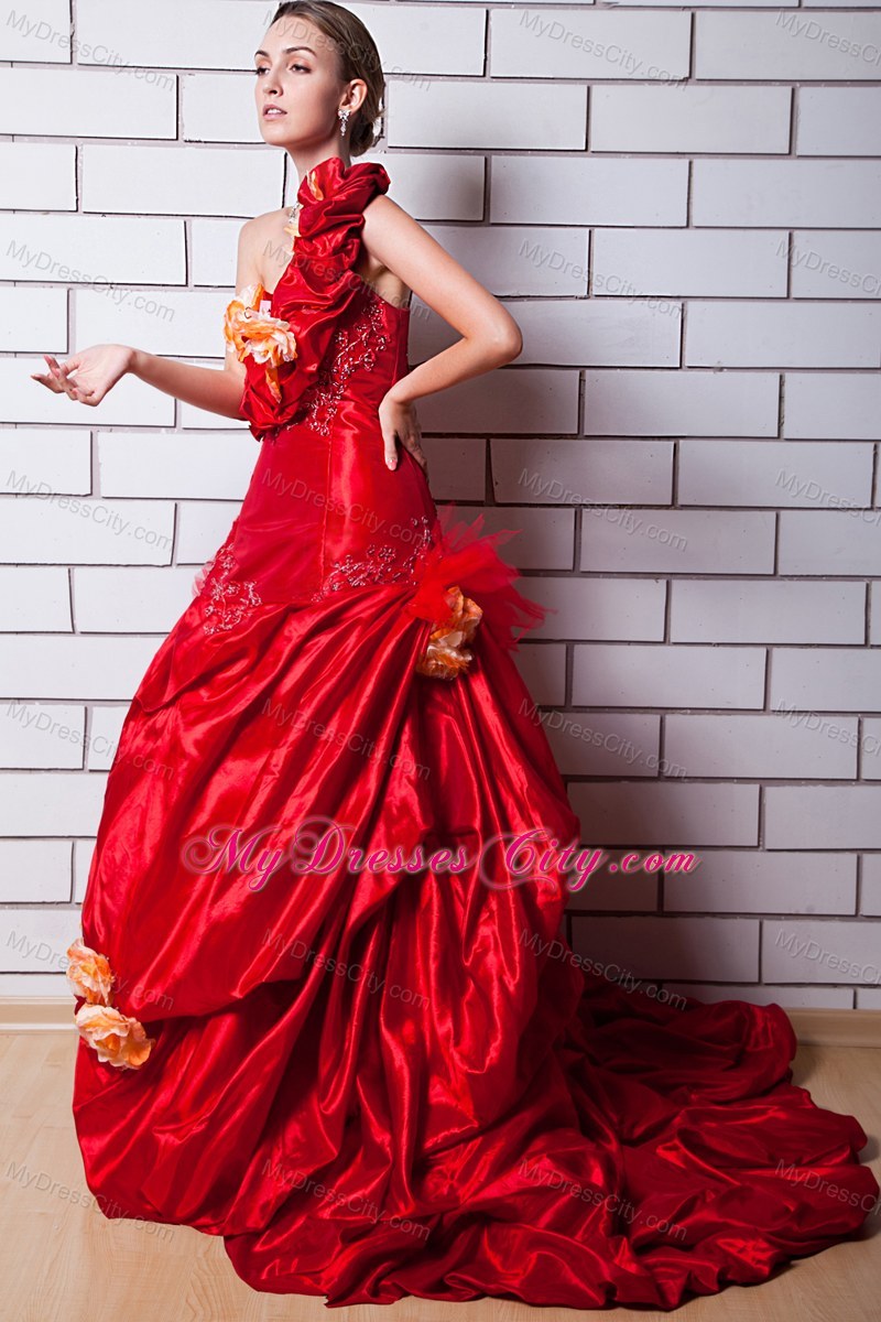 Red One Shoulder Appliques Flower Prom Dress with Train