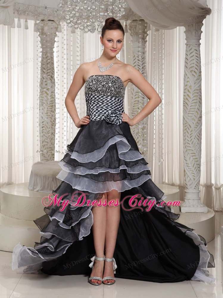 High-Low Strapless Hand Made Flowers Celebrity Dresses with Beading