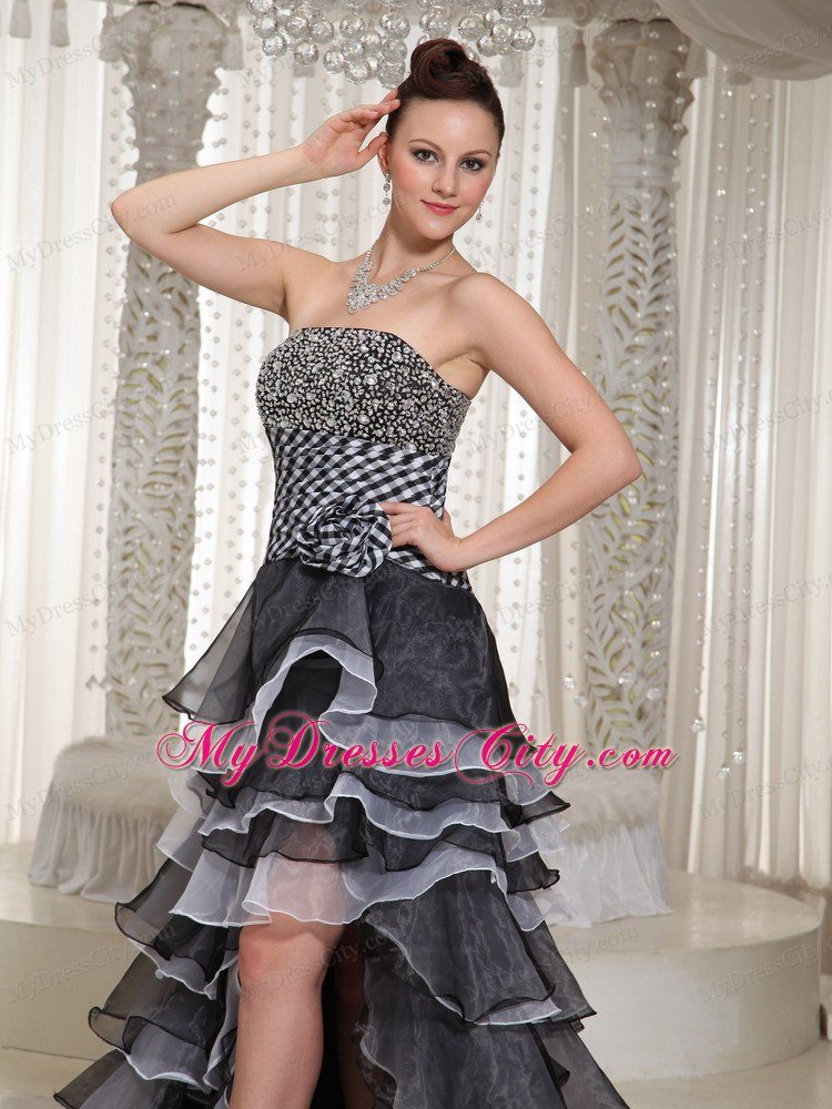 High-Low Strapless Hand Made Flowers Celebrity Dresses with Beading