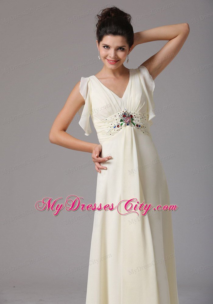 Light Yellow Empire V-neck Butterfly Sleeves Celebrity Dress With Beading