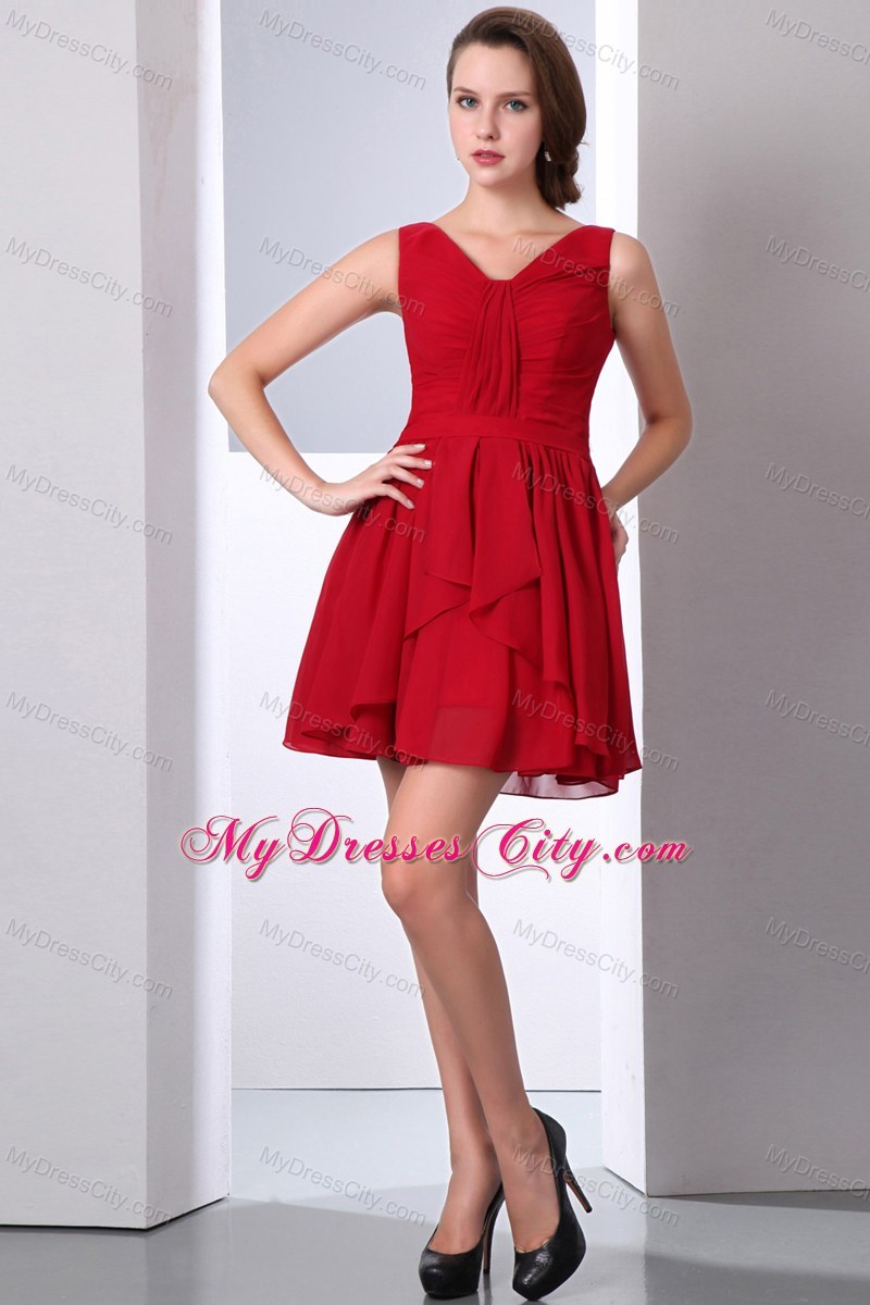 Showy Empire Wine Red V Neck Chiffon Ruche A Line Mini Bridesmaid Dress