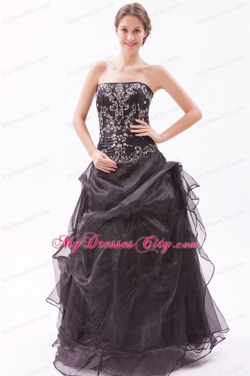 Black Princess Organza Strapless Beading and Appliques Prom Dress ...