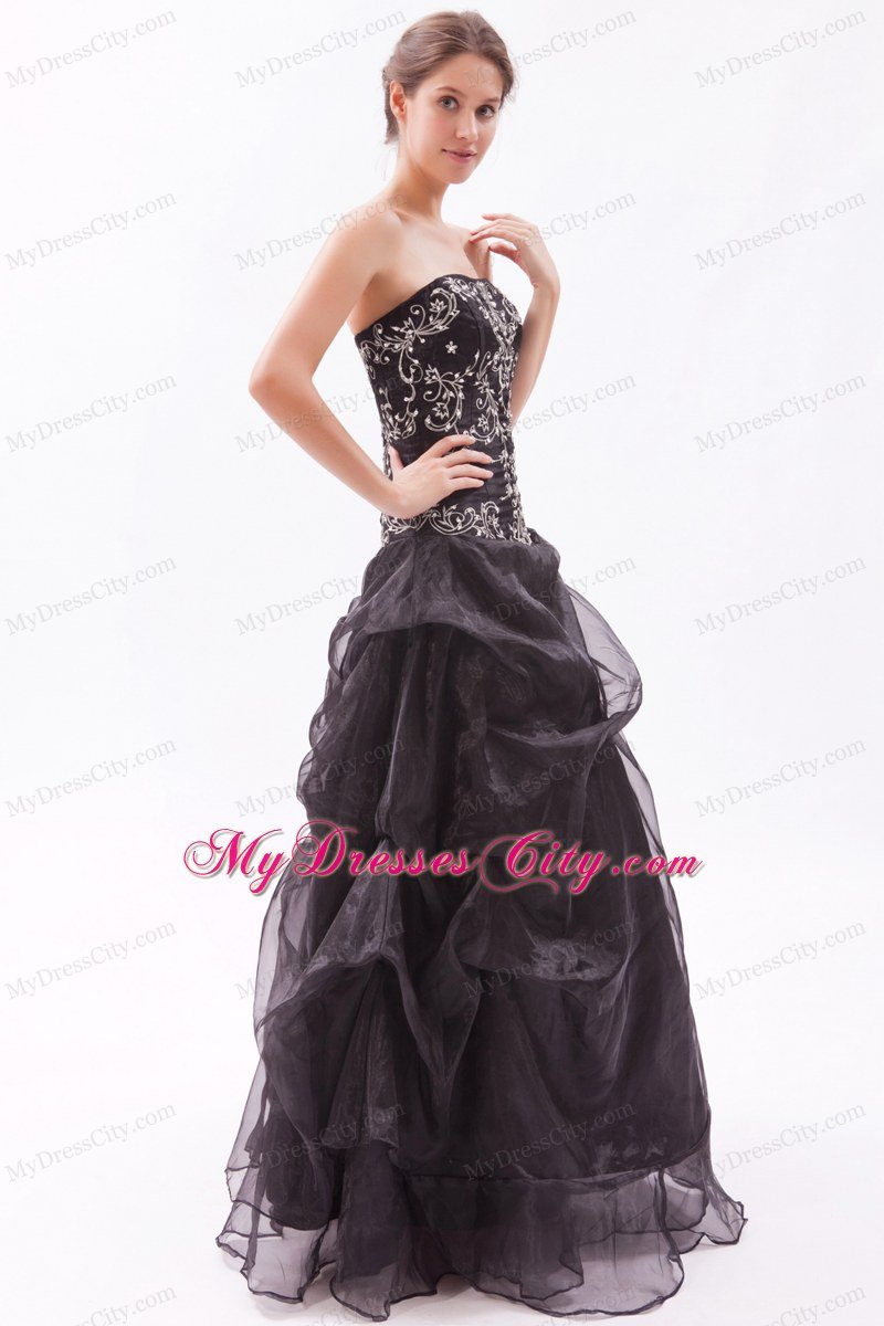 Black Princess Organza Strapless Beading and Appliques Prom Dress ...