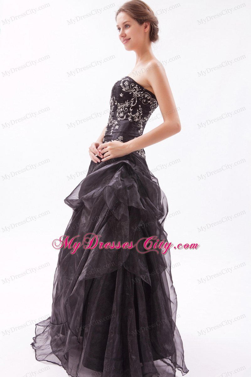 Black Princess Organza Strapless Beading And Appliques Prom Dress 