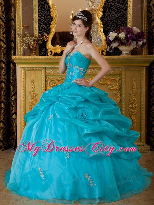 Sweetheart Organza Beading and Appliques Teal Quinceanera Dress ...