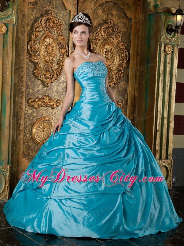 Latest Puffy Taffeta Appliques Pick Ups Teal Quinceanera Dress ...