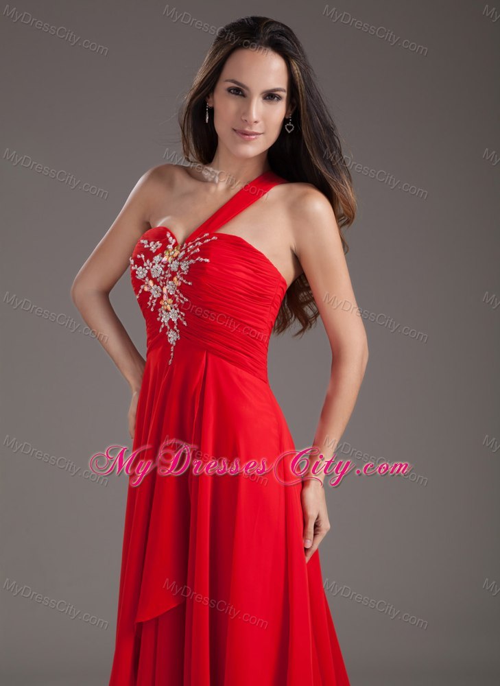 Single Shoulder Beading Red Chiffon Prom Dresses - MyDressCity.com