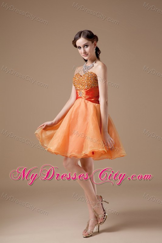 Orange Sweetheart Beading Organza Mini Length Cocktail Evening Dress 