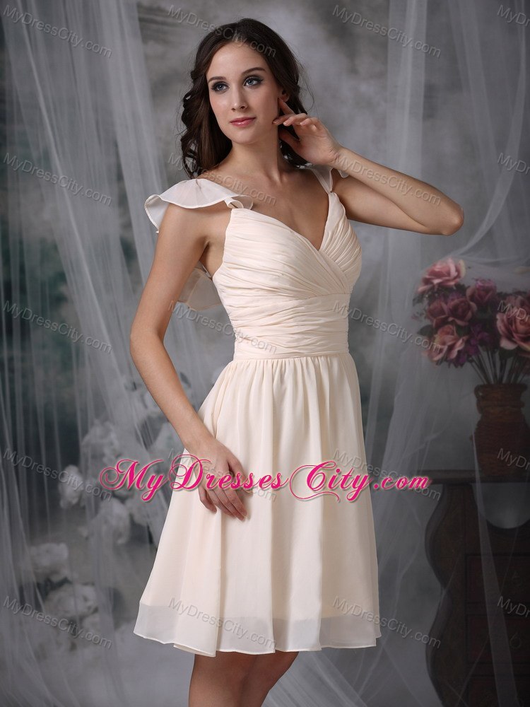 Cream Colored V-neck Ruched Chiffon Bridesmaid Dama Dresses ...