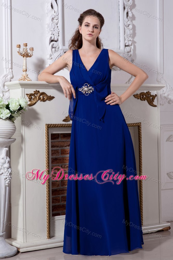 Chiffon Royal Blue V Neck Long Beading Prom Evening Dress 