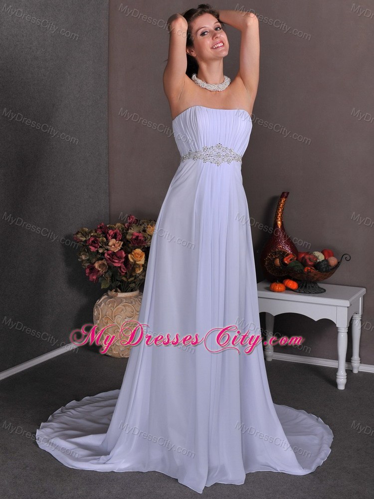 Unique Strapless Empire Court Train Chiffon Appliques Wedding Dress 