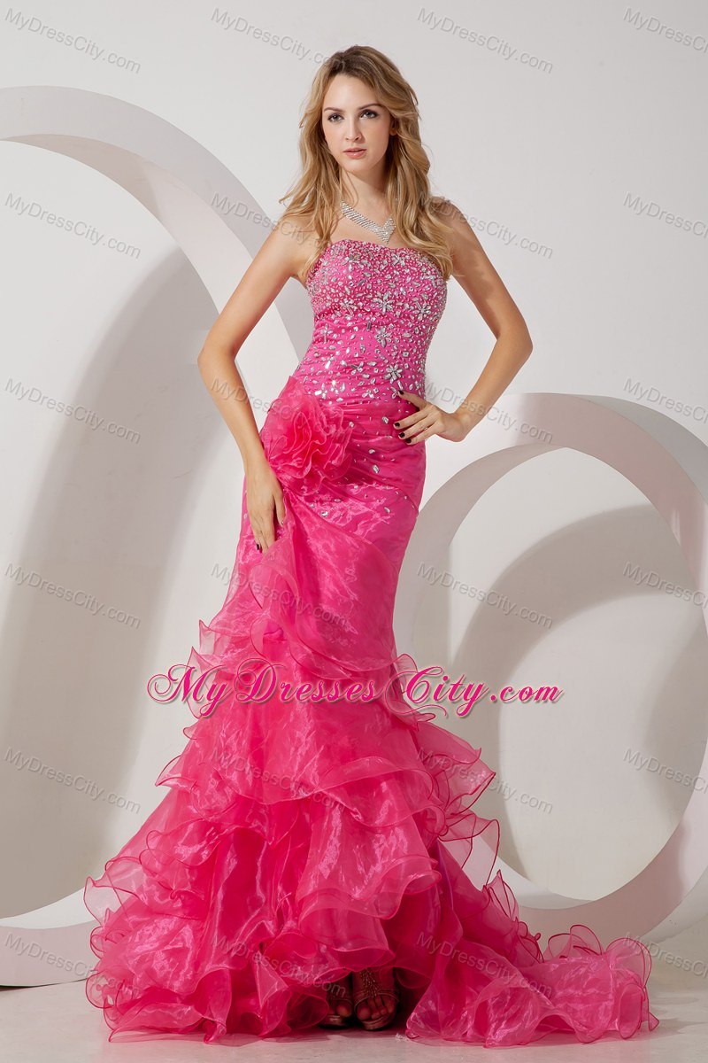 Beaded Mermaid Hot Pink Ruffled Evening Dress With Flower