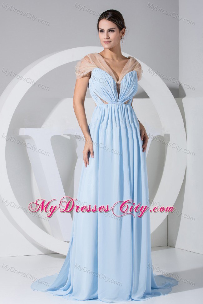 High Slit Light Blue V-neck Cap Sleeves Prom Dress for Girl ...