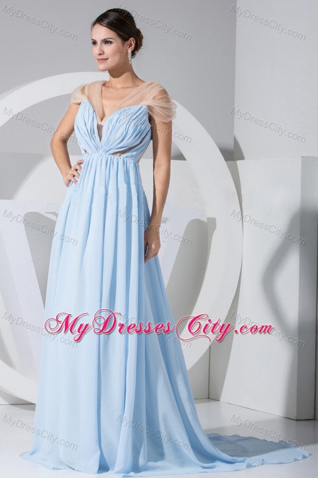 High Slit Light Blue V-neck Cap Sleeves Prom Dress for Girl ...