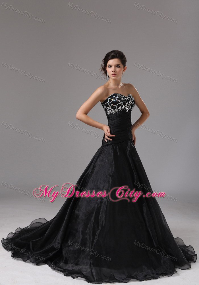 Sweetheart Black Organza Prom Dress with Brush Train and Beading ...