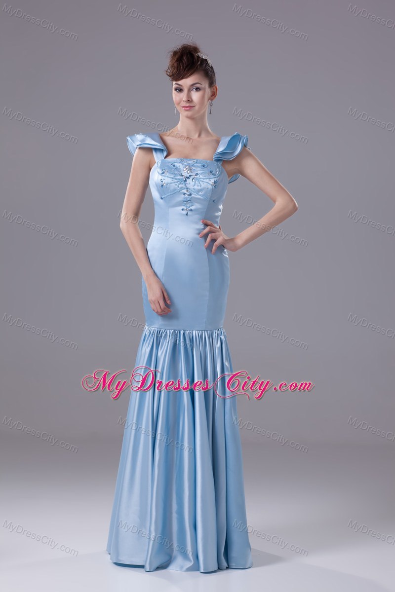 Mermaid Square Beading Baby Blue Prom Dress with Sleeves
