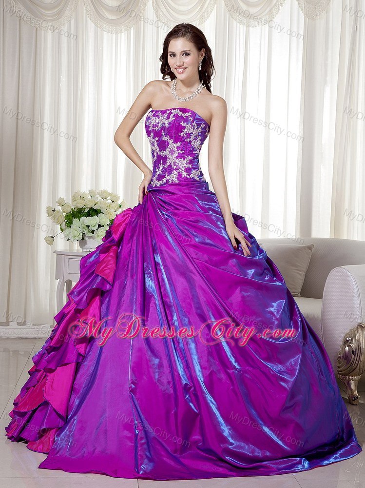 Taffeta Strapless Appliques Layers Purple Quinceanera Dresses ...