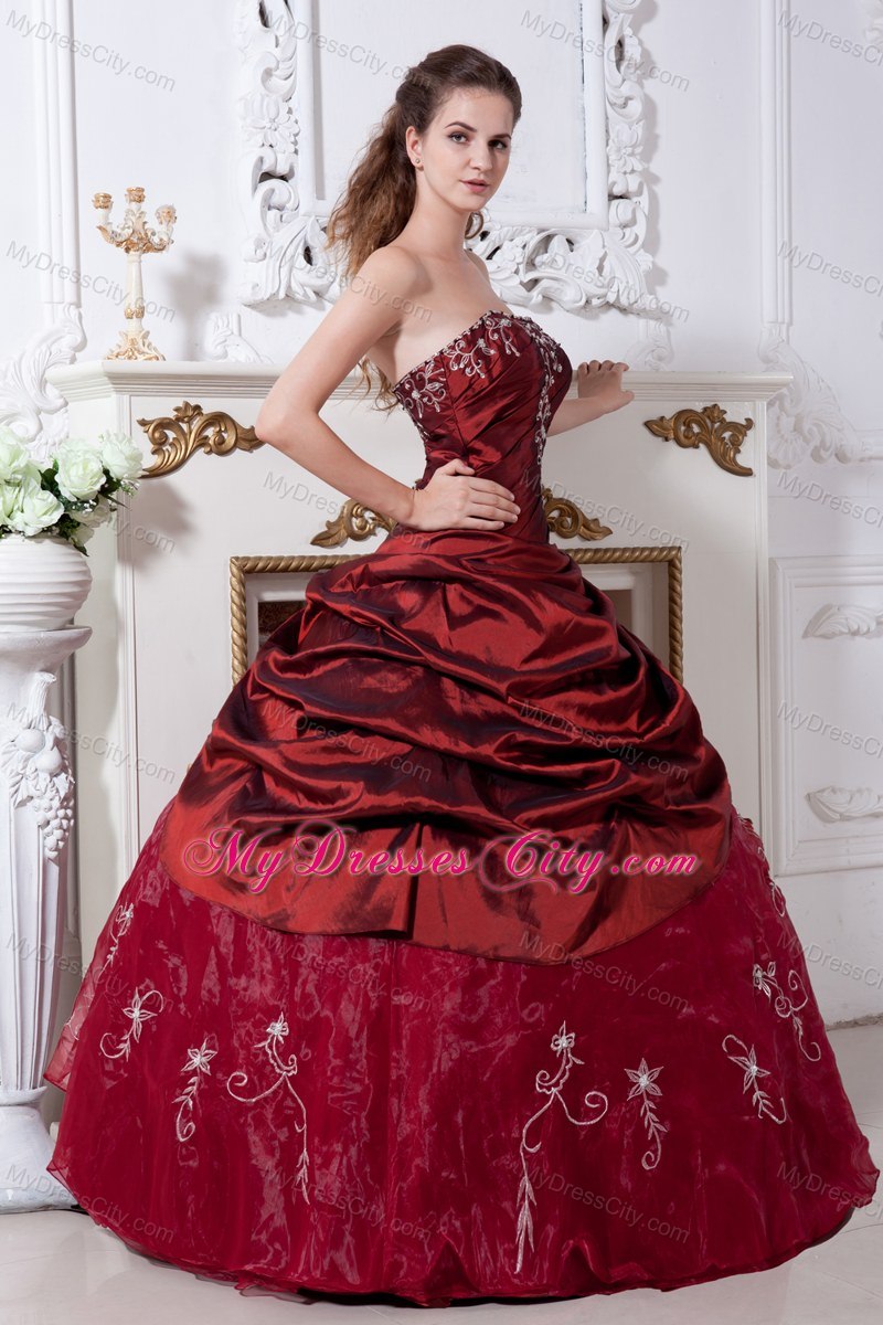 Strapless Embroidery Flowers Wine Red Quinceanera Gowns For 2013