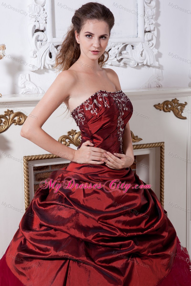Strapless Embroidery Flowers Wine Red Quinceanera Gowns For 2013