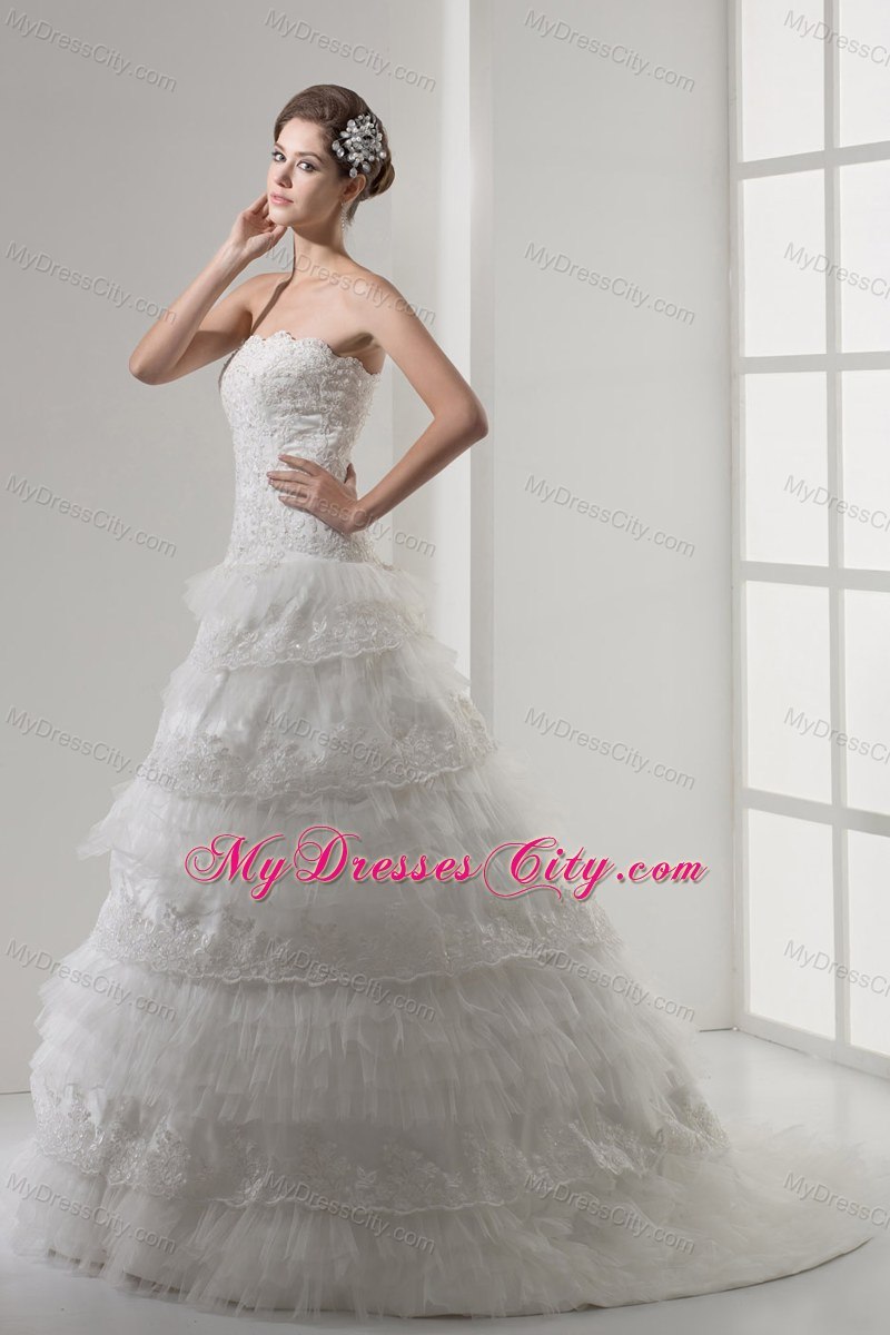 Lace Strapless A-line Wedding Dress With Ruffled Layers - MyDressCity.com