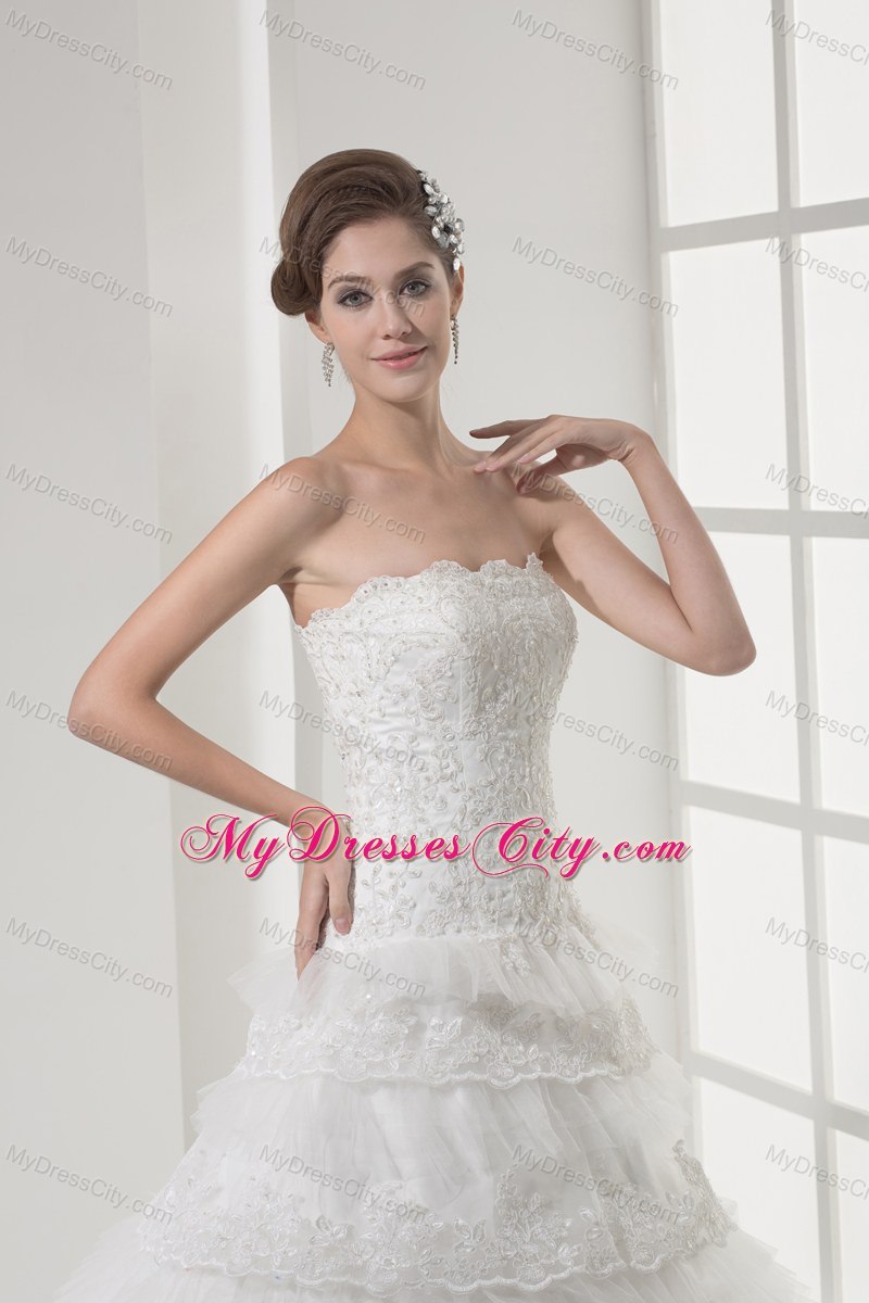 Lace Strapless A-line Wedding Dress With Ruffled Layers - MyDressCity.com