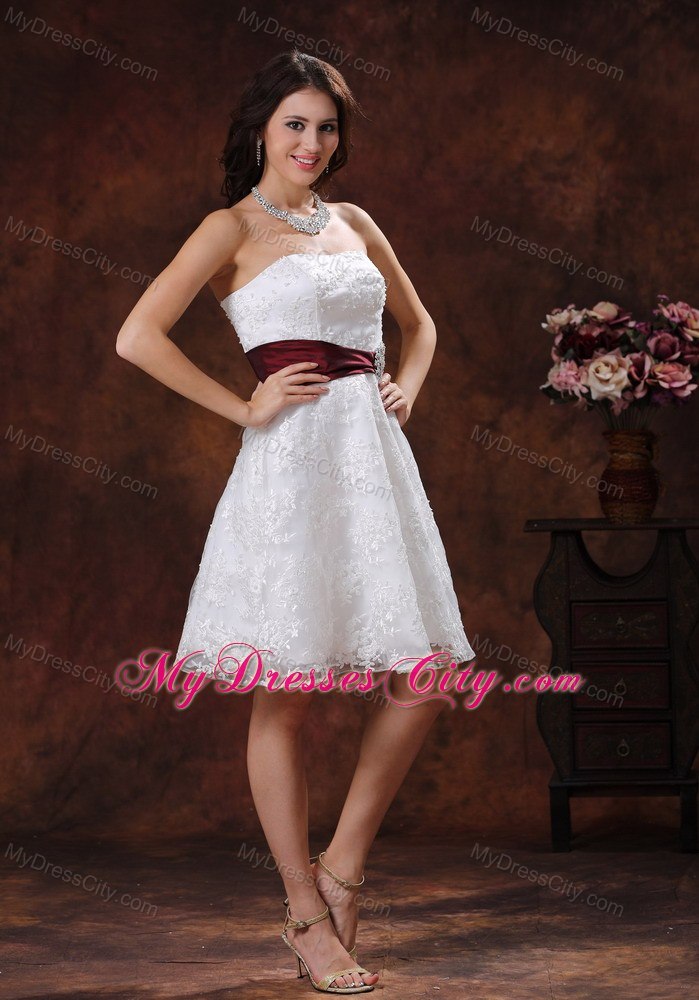 Elegant Lace Over Shirt Short Bridal Dress with Wine Red Belt ...