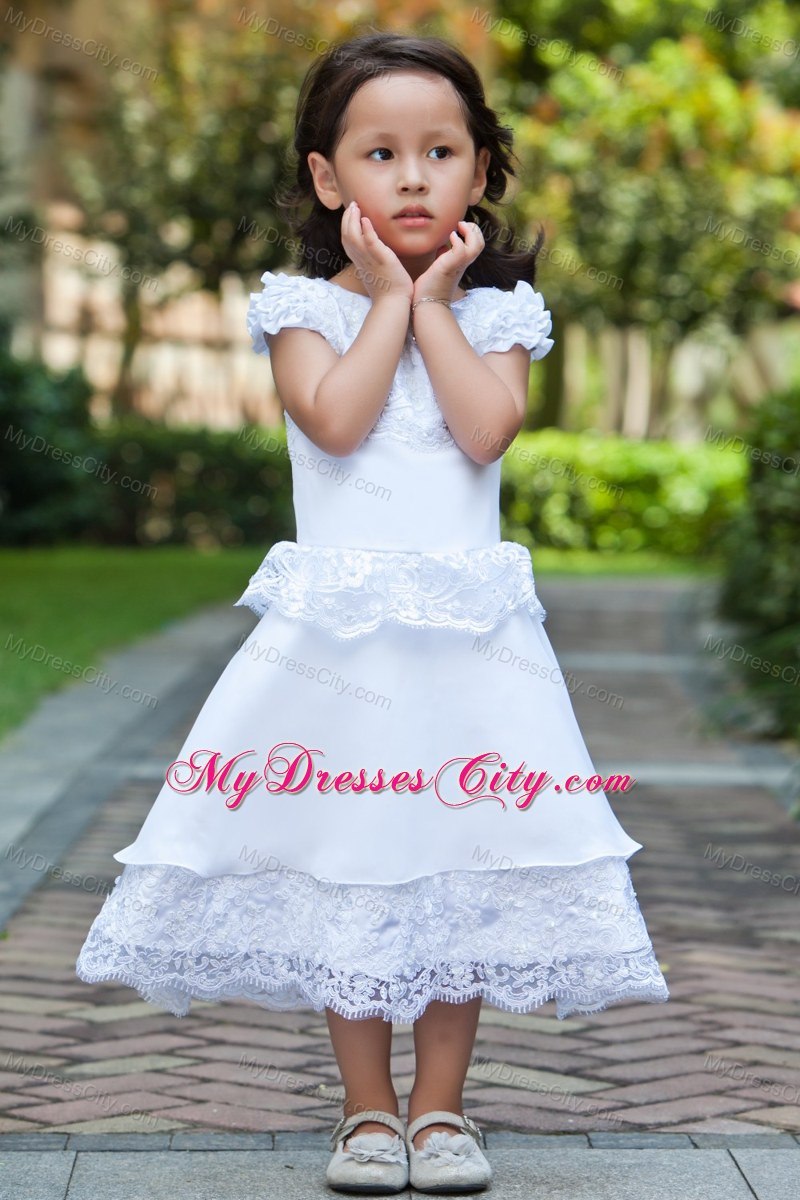 Taffeta Scoop Lace White Sleeves Ankle-length Flower Girl Dress