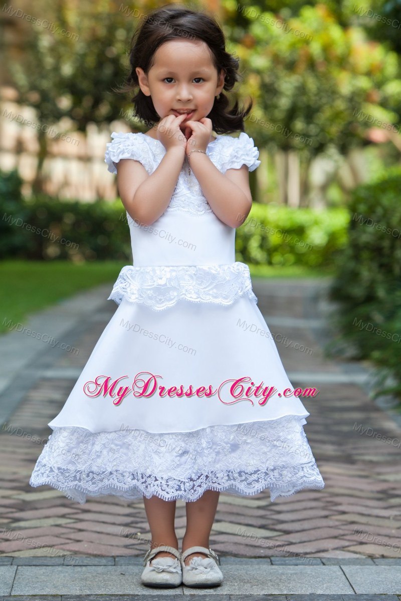 Taffeta Scoop Lace White Sleeves Ankle-length Flower Girl Dress