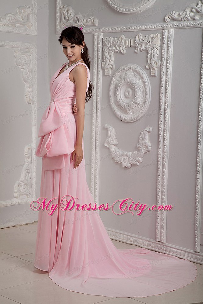 Baby Pink V-neck Court Train Prom Party Dress with Chiffon Beading
