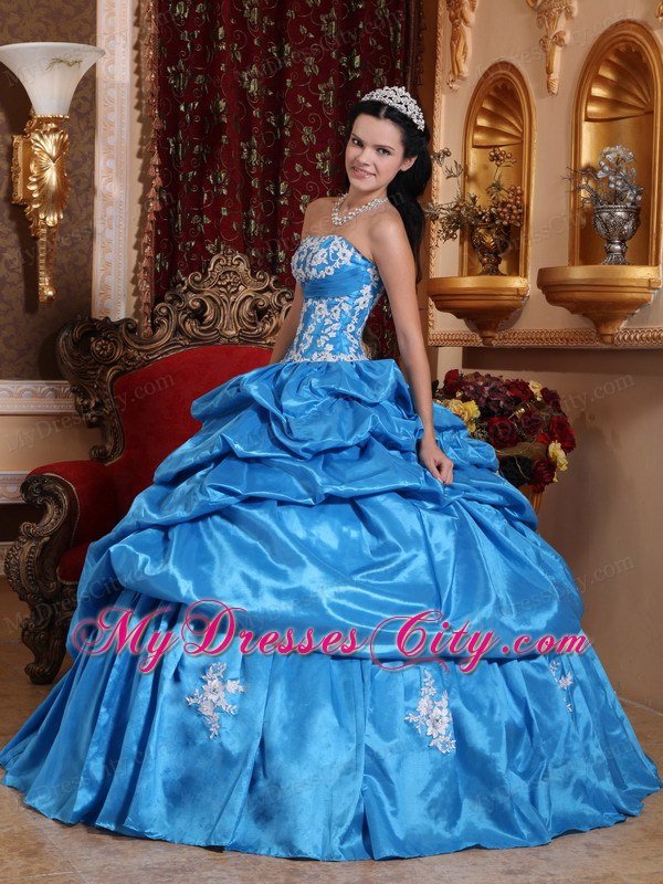 Strapless Baby Blue Appliques Puffy Quinceanera Dress - MyDressCity.com