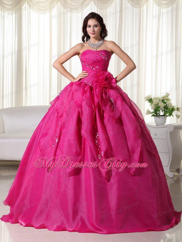 Strapless Organza Appliques Fuchsia Colored Quinceanera Dress ...