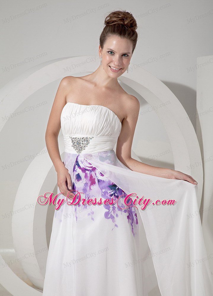 White Strapless Beading Prom Maxi Dress with Printing Flower ...