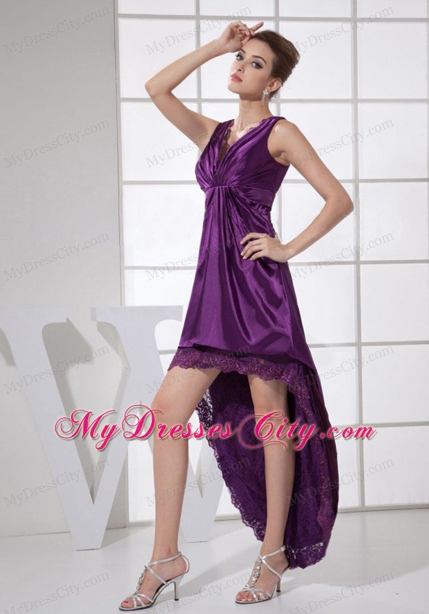 Custom Made V Neck Purple High Low Dress For Prom With Lace 0841