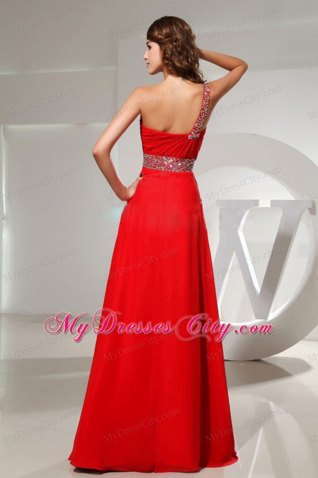 Beaded One Shoulder Red Chiffon Prom Dress For Formal Evening