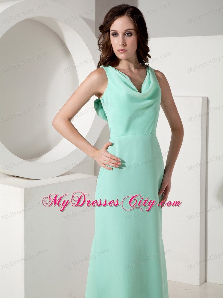 V-neck Apple Green Sweep Train Prom Dress with Big Bow on Back