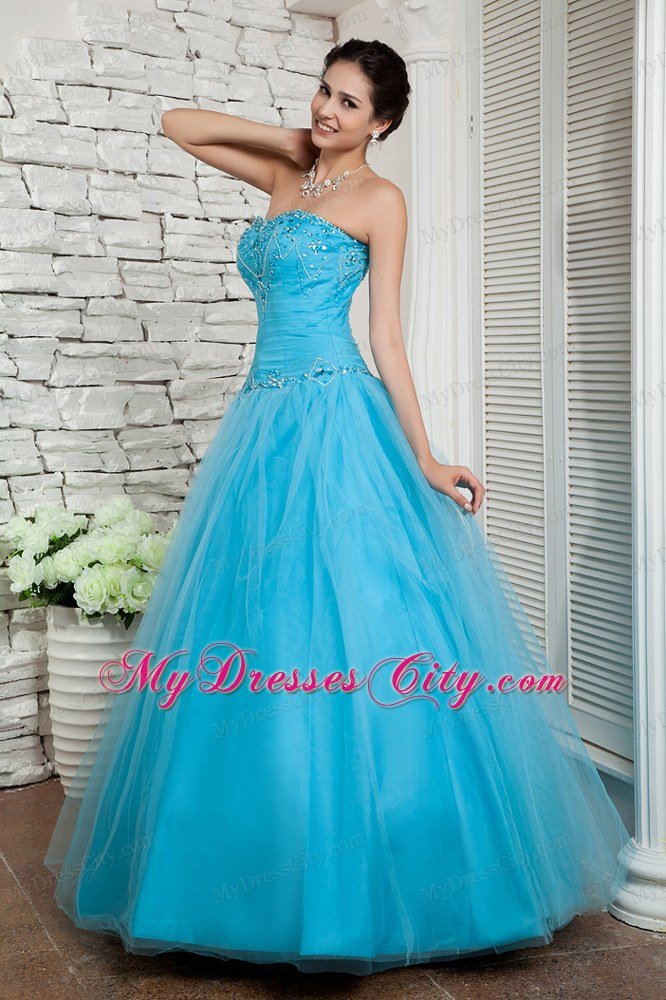 A-line Prom Dress Aqua Blue Beaded Sweetheart Floor-length Tulle ...