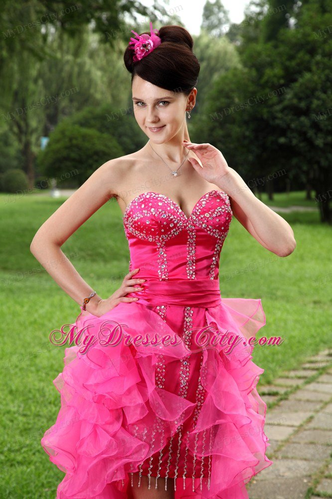 Sweetheart Beaded Ruffles Sexy Hot Pink High Low Prom Dresses 