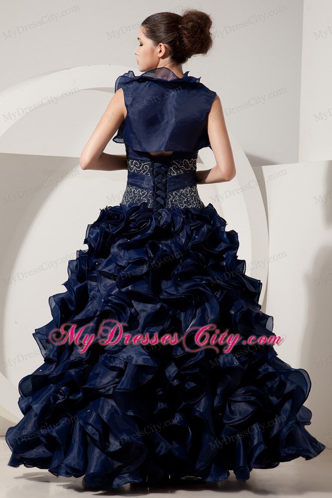 Ruffled Sweetheart Organza Navy Blue Prom Gowns with Jacket