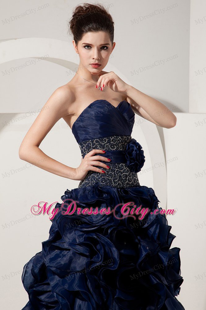 Ruffled Sweetheart Organza Navy Blue Prom Gowns with Jacket
