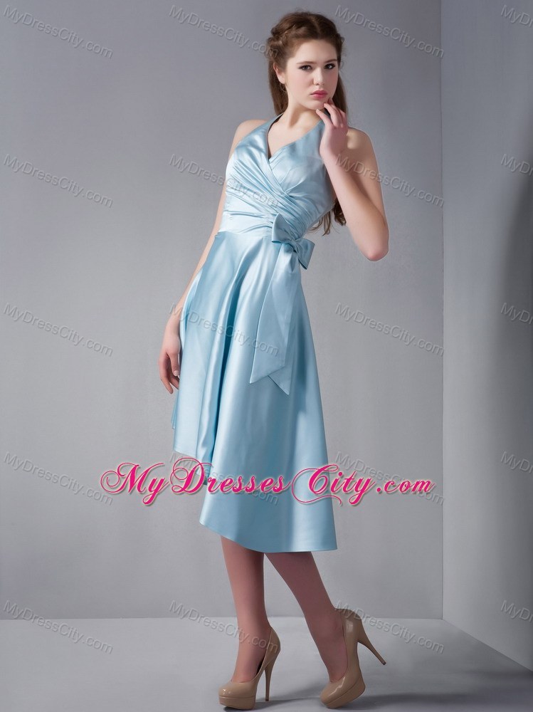 Asymmetrical Sky Blue Halter Party Dress with Side Bowknot
