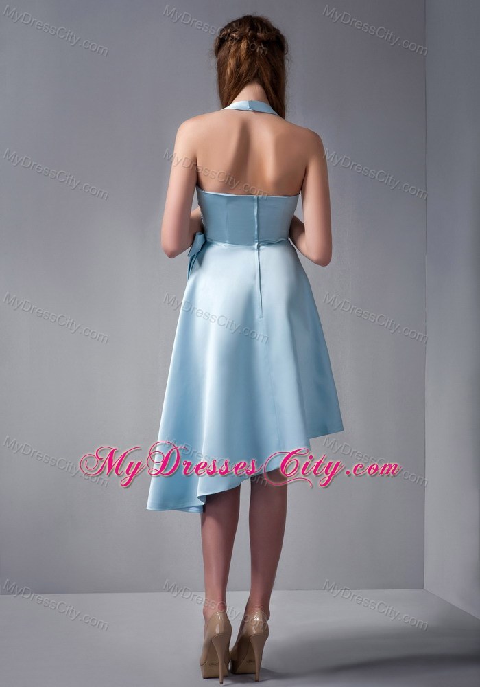 Asymmetrical Sky Blue Halter Party Dress with Side Bowknot