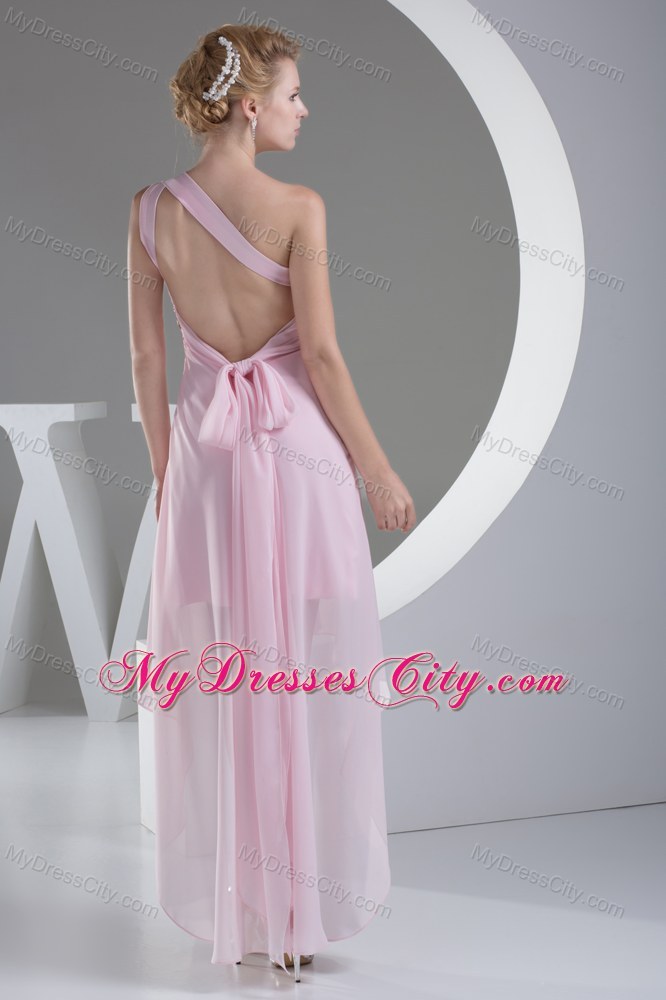 Baby Pink High Low Prom Dress with Beaded Decorate Shoulder