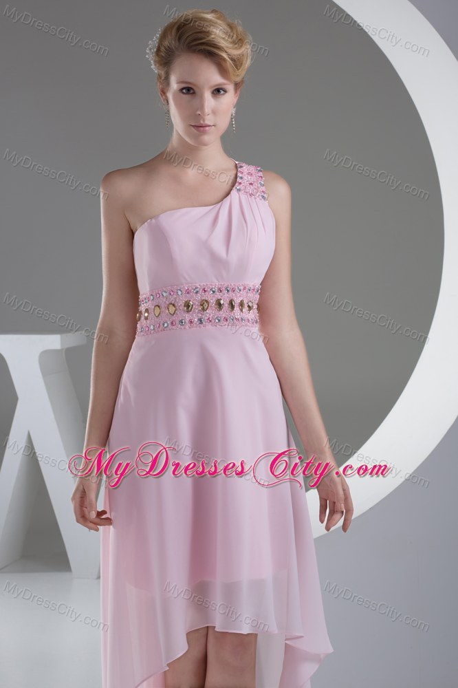 Baby Pink High Low Prom Dress with Beaded Decorate Shoulder