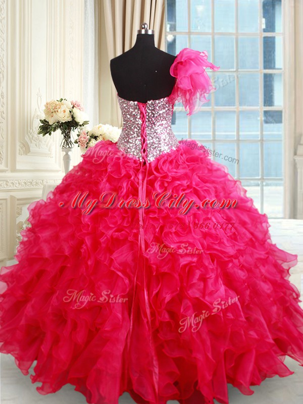 Perfect Hot Pink Sleeveless Floor Length Sequins Lace Up 15 Quinceanera Dress
