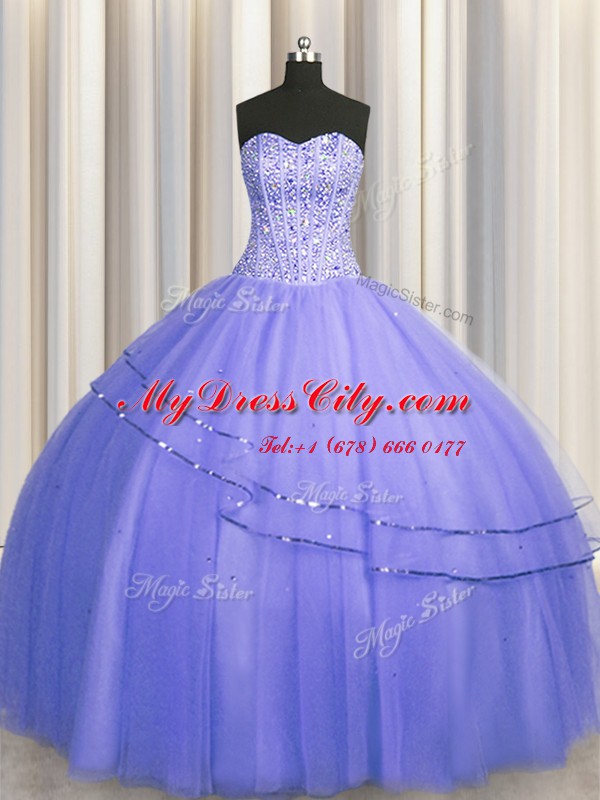 Chic Visible Boning Puffy Skirt Purple Sweetheart Lace Up Beading Sweet 16 Quinceanera Dress Sleeveless