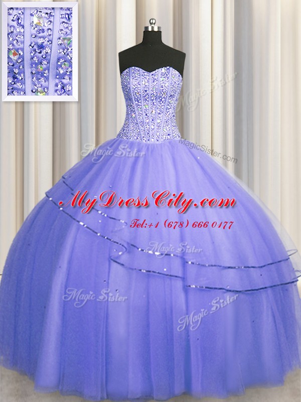 Chic Visible Boning Puffy Skirt Purple Sweetheart Lace Up Beading Sweet 16 Quinceanera Dress Sleeveless