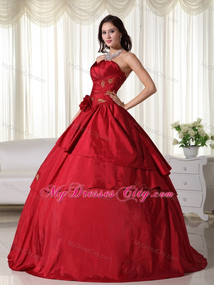 Wine Red Quinceanera Gowns with Taffeta Hand Made Flowers - MyDressCity.com